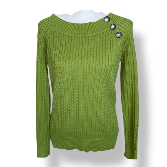 Olive Green Cotton Cable Knit Crewneck Sweater Button Accents Preppy Classic SM - Picture 1 of 10